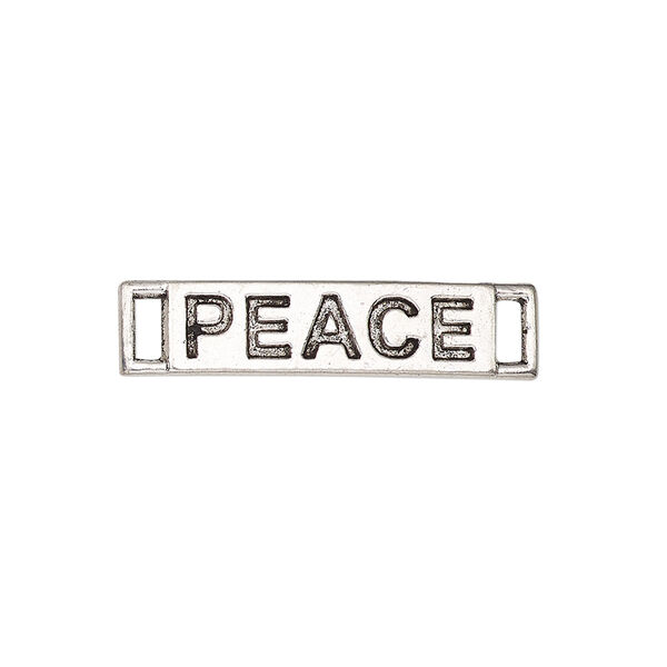Link, antique silver-finished "pewter" (zinc-based alloy), 28x6mm single-sided curved flat rectangle with "PEACE." Sold per pkg of 2. image number 0