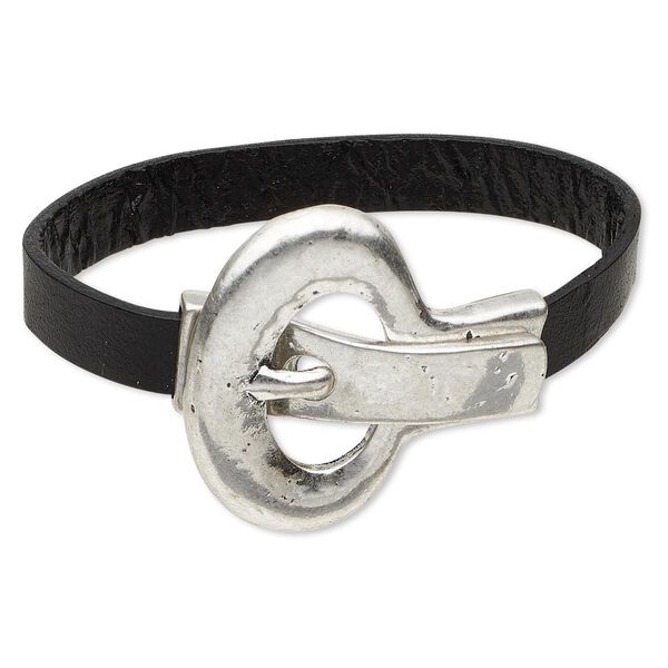 Bracelet, leather (dyed) and antique silver-plated "pewter" (zinc-based alloy), black, 10mm wide, 6-1/2 inches with 40mm magnetic buckle-style closure. Sold individually. image number 0