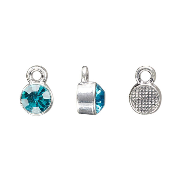 Drop, silver-finished "pewter" (zinc-based alloy) and glass rhinestone, aqua blue, 8mm faceted round, March birthstone. Sold per pkg of 4. image number 0
