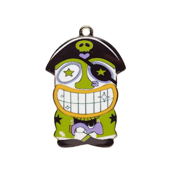 Focal, resin and gold-finished "pewter" (zinc-based alloy), black / green / multicolored, 31x22mm single-sided pirate. Sold individually. image number 0