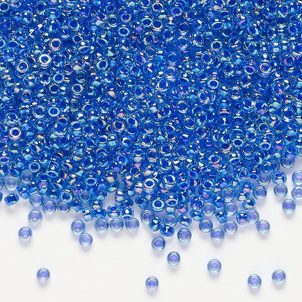 Seed bead, Miyuki, glass, pkg/25g, #11 rocaille, translucent cobalt-lined rainbow sapphire (RR-353). image number 0