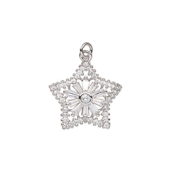Charm, cubic zirconia and imitation rhodium-plated brass, clear, 19x18mm single-sided star. Sold individually. image number 0
