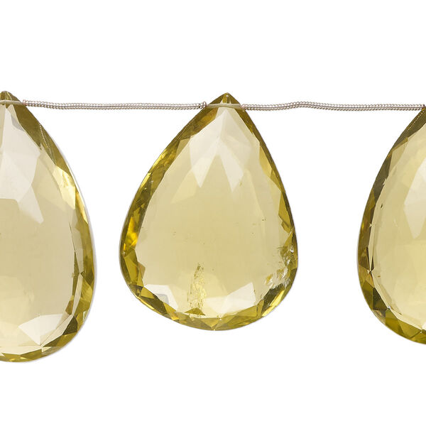 Lemon quartz 1pkg7, hand-cut top-drilled faceted puffed teardrop bead B+ grade, 39x23mm-48x32mm image number 0