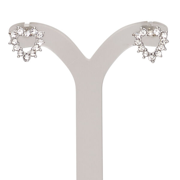 Earring, glass rhinestone and stainless steel, clear, 10x10mm open heart with post. Sold per pair. image number 0