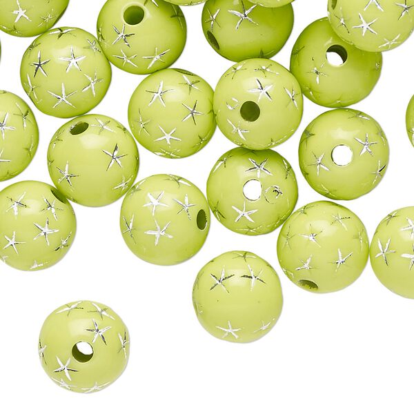 Bead, acrylic, lime green, 10mm round with star design. Sold per pkg of 100. image number 0