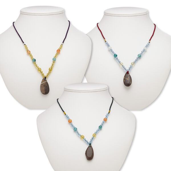 Multi-gemstone / acrylic / glass 1pkg3, teardrop pendant necklace mix continuous loop 20-24 inch 34x18mm-35x19mm image number 0