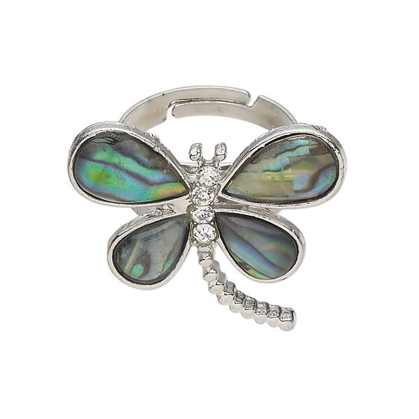 Ring 1pkg1 steel / paua shell / glass rhinestone, 28x24mm dragonfly, natural silver finish / clear image number 0