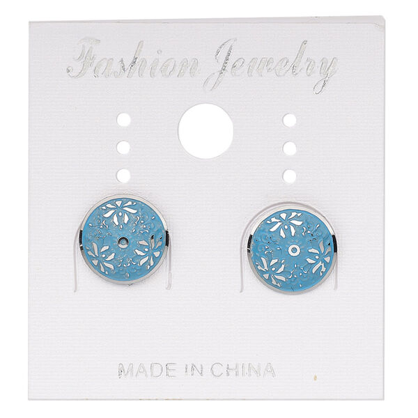 Earstud, stainless steel, blue patina, 10mm round with lotus flower design. Sold per pair. image number 0