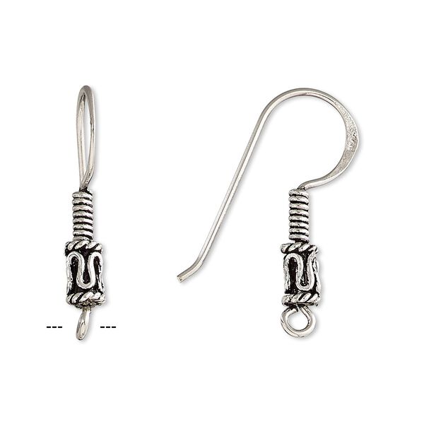 Ear wire fishhook 1pkg4 sterling silver, 26mm / 4mm coil / 6mm barrel / open loop, 21 gauge antiqued 2 pair image number 0