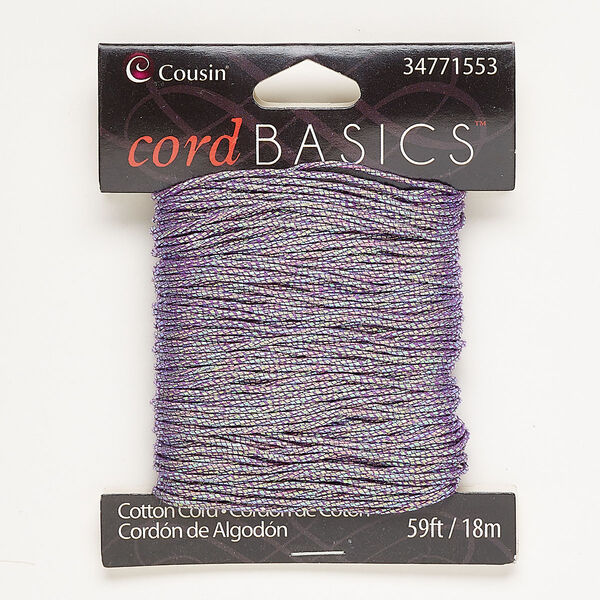 Cord, cotton, iridescent purple, 1mm braided round. Sold per pkg of 59 feet. image number 0