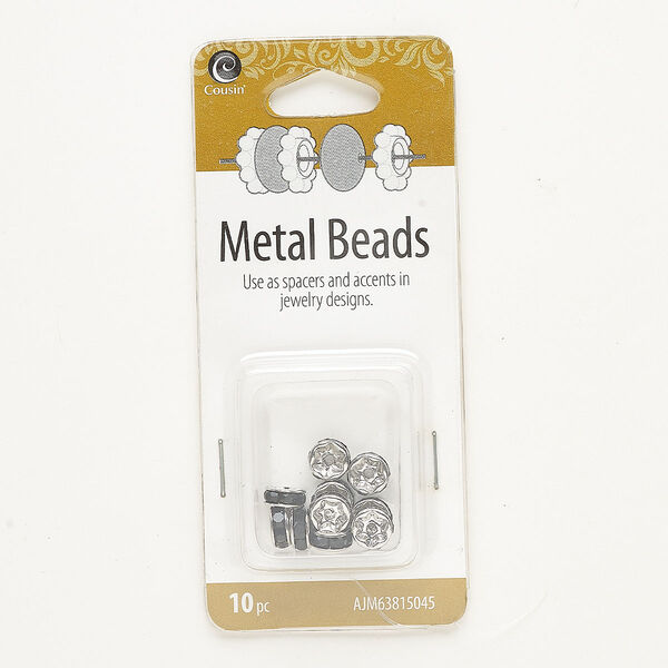 Bead, silver-finished brass and glass, black, 7x3mm rondelle. Sold per pkg of 10. image number 0