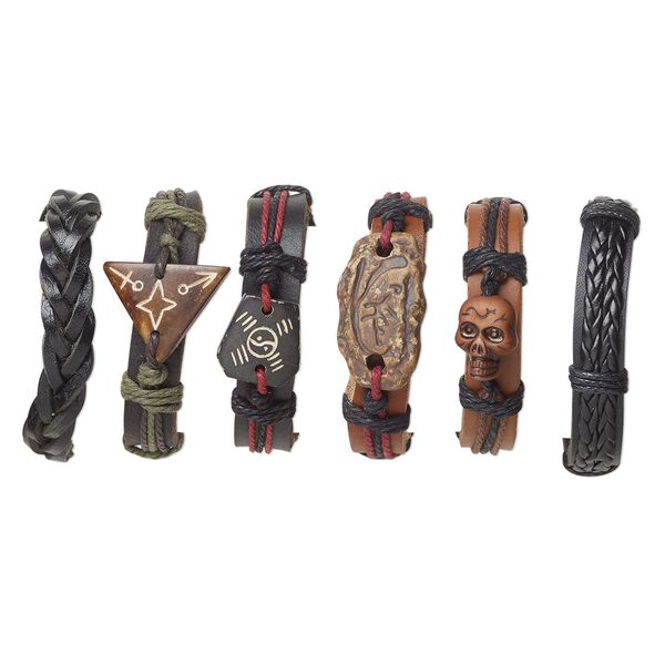 Bracelet mix, leather / bone / agate (natural) / hemp / resin, multicolored, mixed size and shape, adjustable from 5-1/2 to 8-1/2 inches with knot closure. Sold per pkg of 6. image number 0