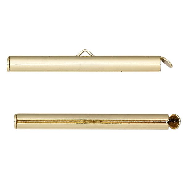 End bar, gold-finished brass, 40x4mm round tube with fold-in ends, 2.75-3mm inside diameter. Sold per pkg of 10. image number 0