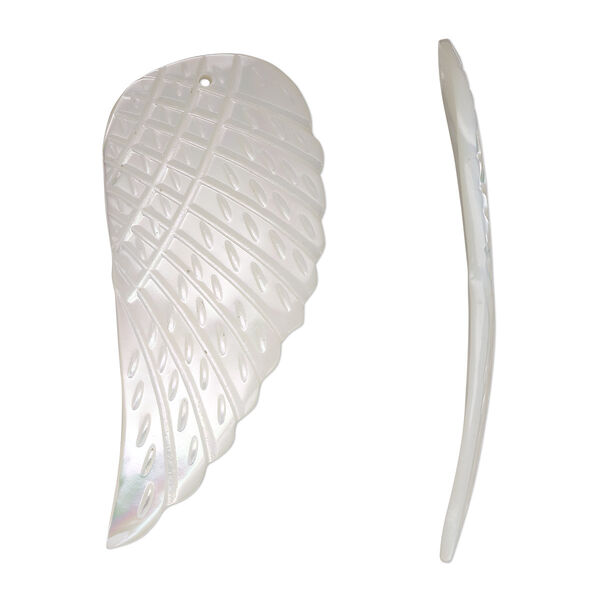 Focal, trochus shell (natural), 50x24mm-52x26mm single-sided hand-cut carved wing, Mohs hardness 3-1/2. Sold individually. image number 0