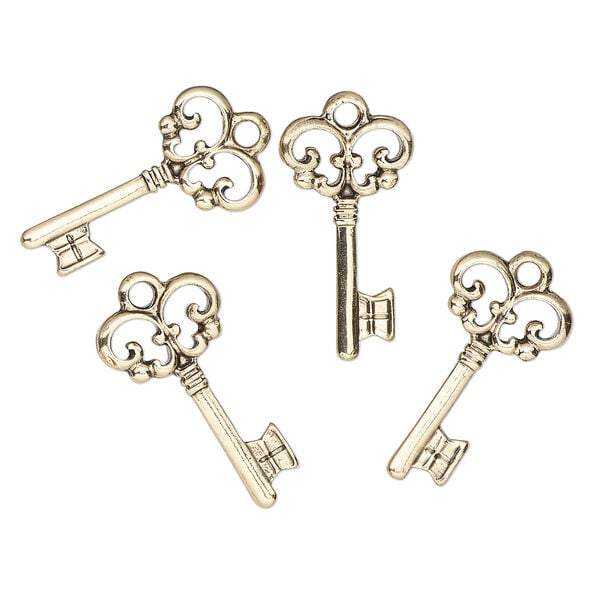 Charm, antique gold-finished "pewter" (zinc-based alloy), 21x12mm key. Sold per pkg of 4. image number 0