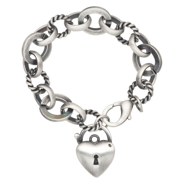 Bracelet, antique silver-plated brass, 20x19mm heart, 7 inches with lobster claw clasp. Sold individually. image number 0