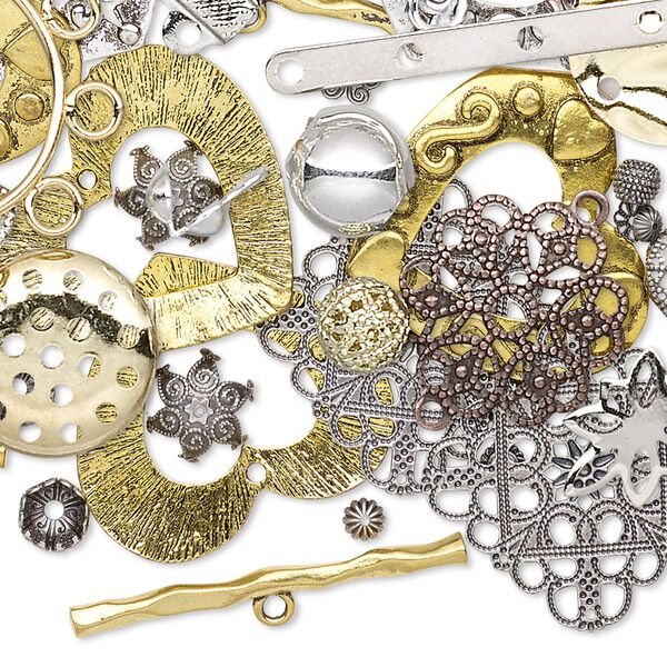 Finding mix, mixed-plated brass / copper / steel, 3x3mm-68x36mm mixed shape. Sold per 1/2 pound pkg. image number 0