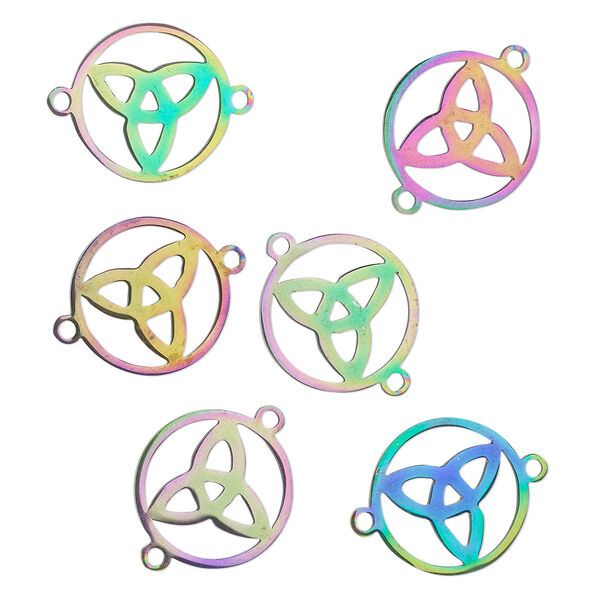 Link, electro-coated stainless steel, rainbow, 17mm double-sided open round with trinity knot. Sold per pkg of 6. image number 0