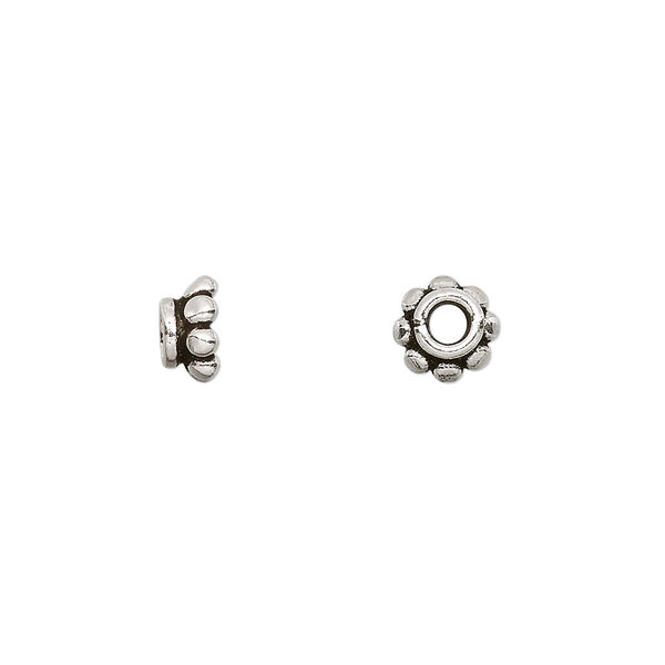 Bead cap, antiqued sterling silver, 7x3.5mm beaded rondelle, fits 6-8mm bead. Sold per pkg of 4. image number 0