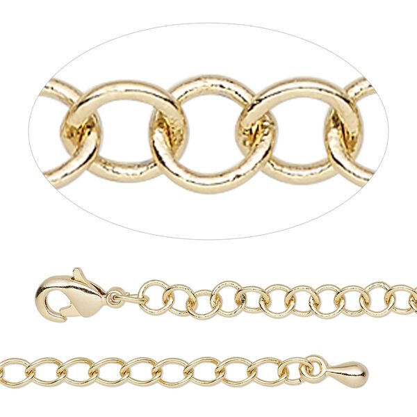 Chain, gold-finished steel and brass, 3.8mm round cable, 18 inches with 2-inch extender chain and lobster claw clasp. Sold individually. image number 0
