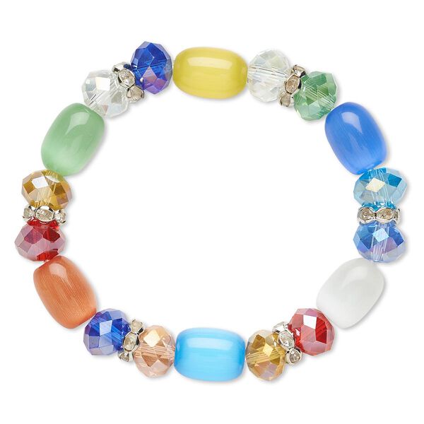 Bracelet, stretch, glass / cat's eye glass / glass rhinestone / imitation rhodium-plated steel, multicolored, 10mm wide, 6 inches. Sold individually. image number 0