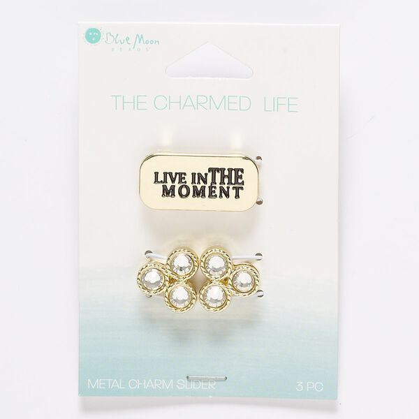 Slide mix, glass / gold- / antique gold-finished "pewter" (zinc-based alloy), clear, (2) 15mm rounded triangle and (1) 27x13mm rounded rectangle with "LIVE IN THE MOMENT," 10x2mm hole. Sold per pkg of 3. image number 0