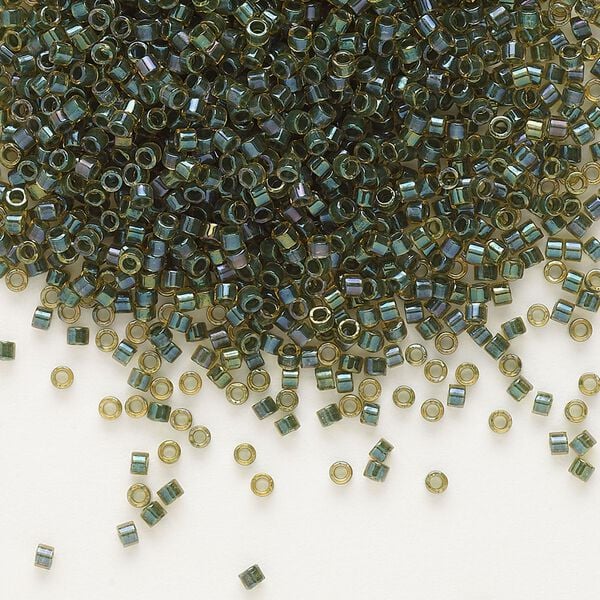 Seed bead, Delica®, glass, pkg/50g, #11 round, translucent forest green-lined luster topaz (DB-0273). image number 0
