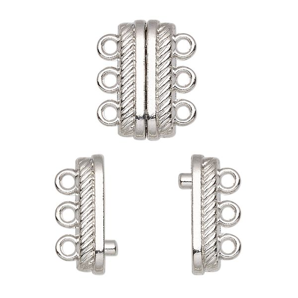 Clasp, 3-strand magnetic, silver-finished "pewter" (zinc-based alloy), 18x8mm double-sided rectangle with rope design. Sold individually. image number 0