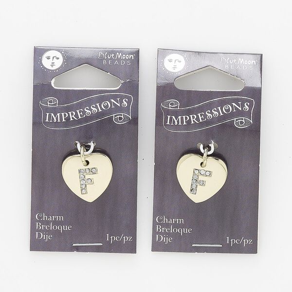 Charm, gold-finished "pewter" (zinc-based alloy) / steel / acrylic rhinestone, clear, 15.5x15mm single-sided puffed heart with letter "F." Sold per pkg of 2. image number 0