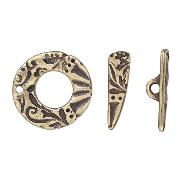 Clasp, TierraCast®, "Vida Mas Dulce" collection, toggle, antique brass-plated pewter (tin-based alloy), 19.5x19mm ring with flora design. Sold individually. image number 0
