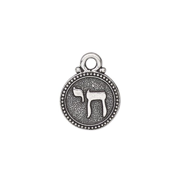 Drop, TierraCast®, antique silver-plated pewter, 14.5mm single-sided beaded round with chai. Sold individually. image number 0
