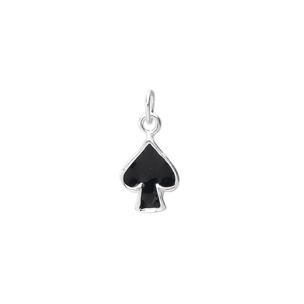 Charm, sterling silver and enamel, black, 10x8mm spade. Sold per pkg of 2. image number 0