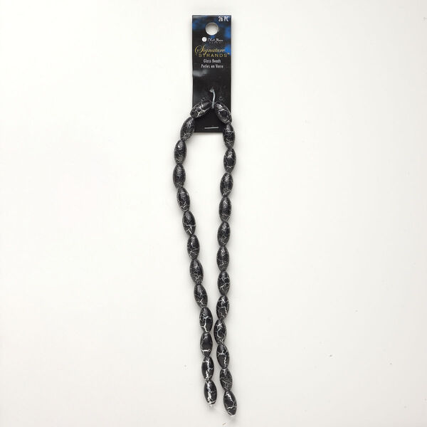 Bead, coated glass, black and silver, 15x8mm-16x9mm oval with crackle design. Sold per pkg of 26. image number 0