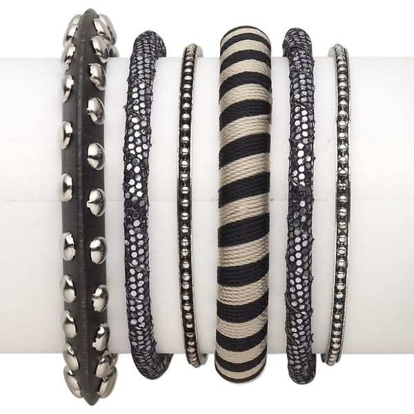 Bracelet mix, bangle, wood (dyed) / plastic / polyester / antiqued silver-finished steel, black and silver, 3-10.5mm wide with mixed design, 8 inches. Sold per 6-piece set. image number 0