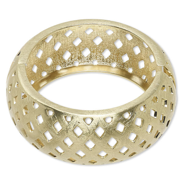 Bracelet, hinged bangle, gold-finished steel and "pewter" (zinc-based alloy), 29.5mm wide brushed band with cutout basket weave design, 7 inches. Sold individually. image number 0