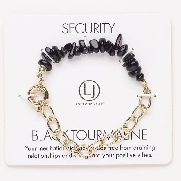 Bracelet, steel / brass / black tourmaline (dyed), pkg/1, 6 inches with springring clasp, gold finish. image number 0