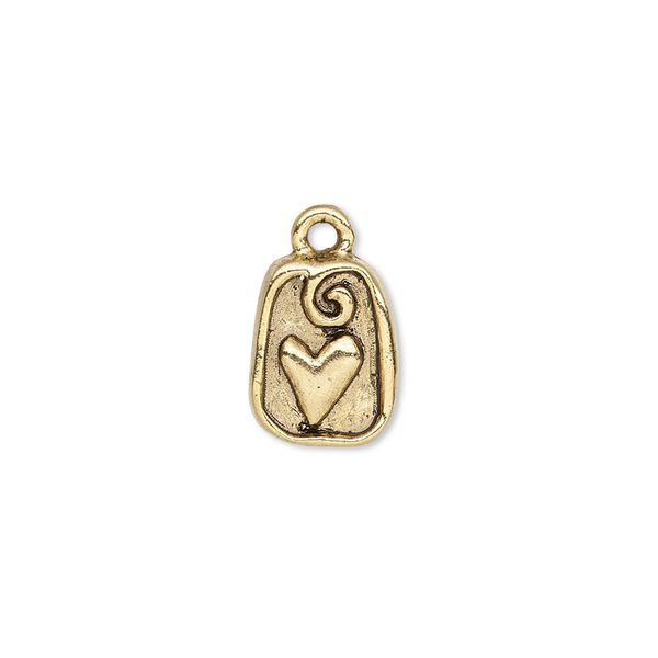 Drop, antique gold-plated pewter (tin-based alloy), 13x10mm single-sided trapezoid with heart and swirl design. Sold per pkg of 2. image number 0