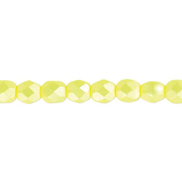 Bead, Czech fire-polished dipped décor glass, opaque pearlescent light yellow, 6mm faceted round. Sold per 15-1/2" to 16" strand. image number 0