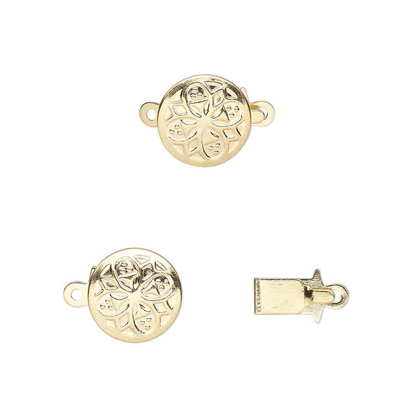 Clasp, tab, gold-plated brass, 10mm round with flower design. Sold per pkg of 100. image number 0