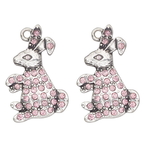 Charm, antique silver-finished "pewter" (zinc-based alloy) and glass, pink, 26x19mm single-sided rabbit. Sold per pkg of 2. image number 0