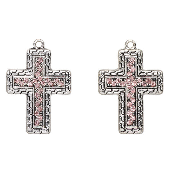 Focal, antique silver-finished "pewter" (zinc-based alloy) and glass, pink, 30x23mm cross. Sold per pkg of 2. image number 0