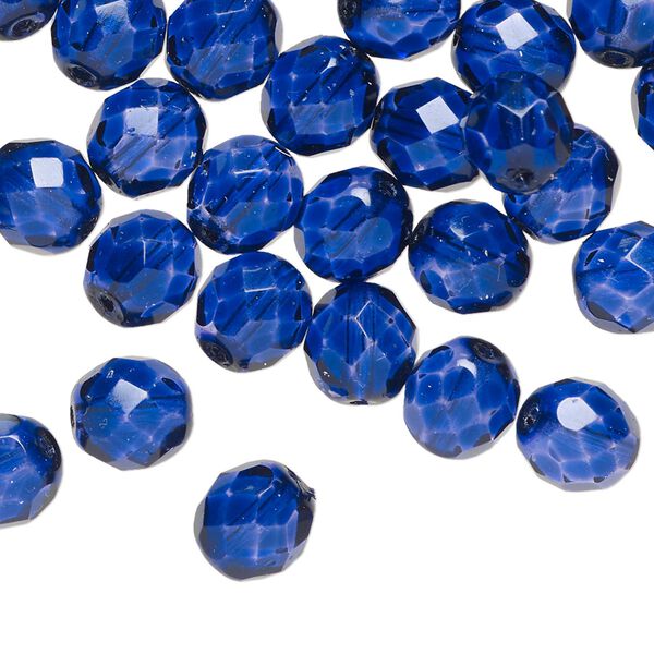 Bead, Czech fire-polished dipped décor glass 1pkg60, cobalt, 8mm faceted round. image number 0