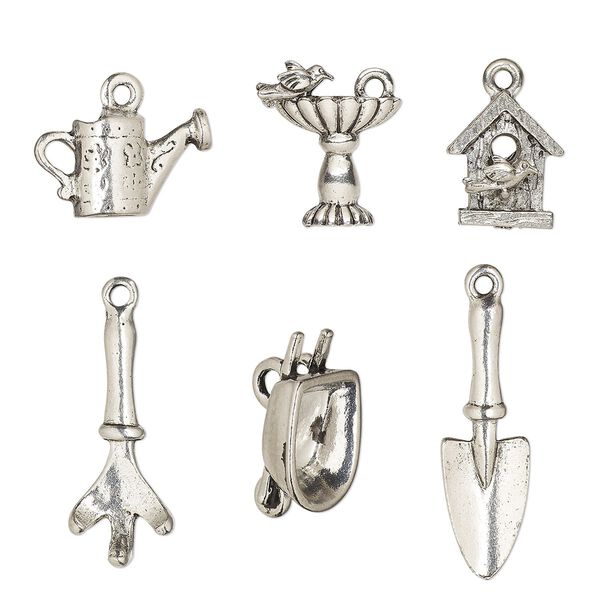 Charm set, antiqued pewter (tin-based alloy), 17x9mm-32x23.5mm garden theme. Sold per 6-piece set. image number 0