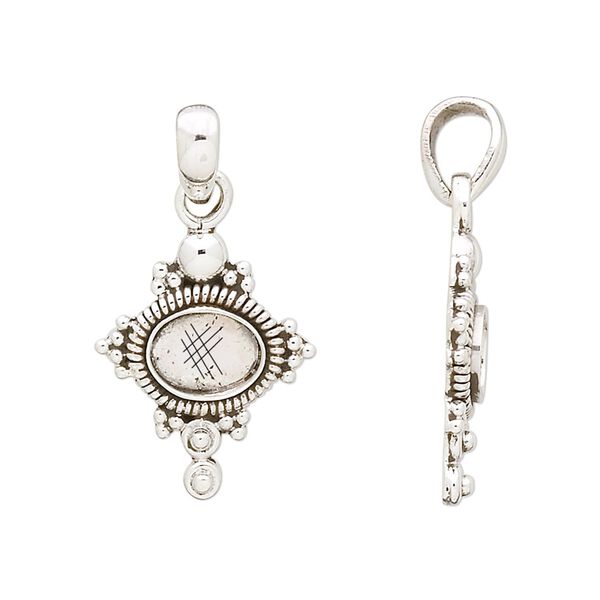 Pendant, antiqued sterling silver, 28x16mm with spiral wire and beaded rim, 8x6mm oval setting. Sold individually. image number 0