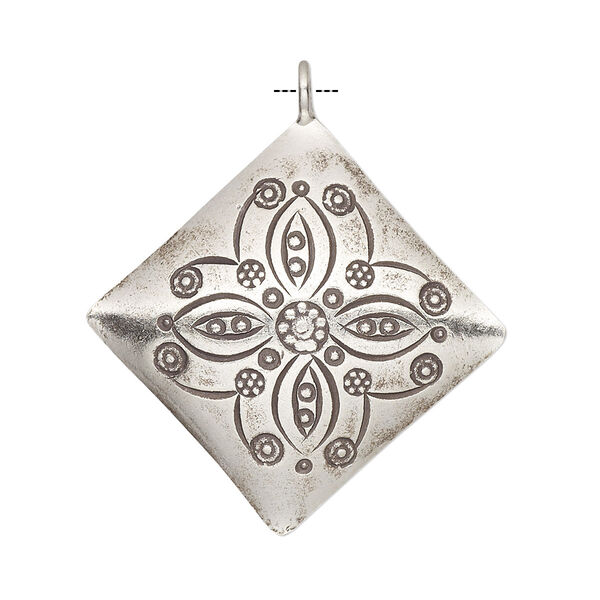 Drop, Hill Tribes, antiqued sterling silver, 29mm diamond with floral design. Sold individually. image number 0
