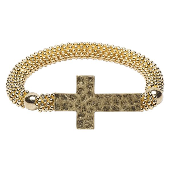 Bracelet, stretch, acrylic with gold-finished brass and "pewter" (zinc-based alloy), gold, 22mm wide with 36x22mm hammered cross, 6 inches. Sold individually. image number 0