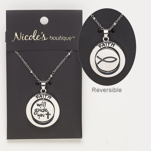 Necklace, antique silver-finished "pewter" (zinc-based alloy) and silver-finished steel, 24mm round with "FAITH" and two-sided swivel with "will guide you" and Christian fish design. 24 inches with 2-inch extender chain and lobster claw clasp. Sold individually. image number 0
