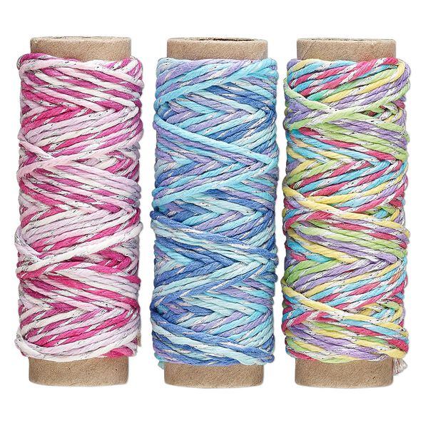 Cord assortment, Hemptique®, polished hemp (dyed), mixed colors, 1mm 7-ply, 20-pound test. Sold per pkg of (3) 16.4-foot spools. image number 0