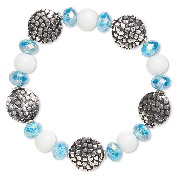 Bracelet, stretch, glass and antique silver-finished brass, aqua blue AB and white, 14mm wide, 6-1/2 inches. Sold individually. image number 0