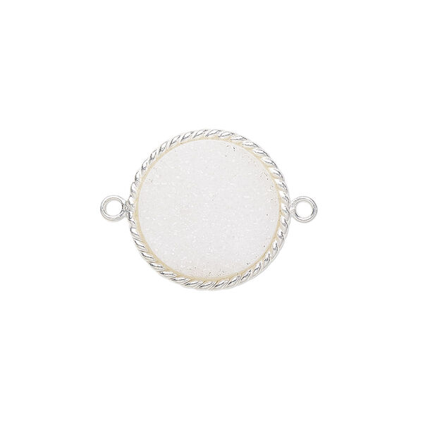 Link, druzy agate (natural) and sterling silver, 17-19mm hand-cut single-sided flat round with twisted wire design. Sold individually. image number 0